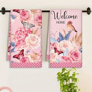 Set of 2 Floral Bird Butterflies Kitchen / Hand Towels